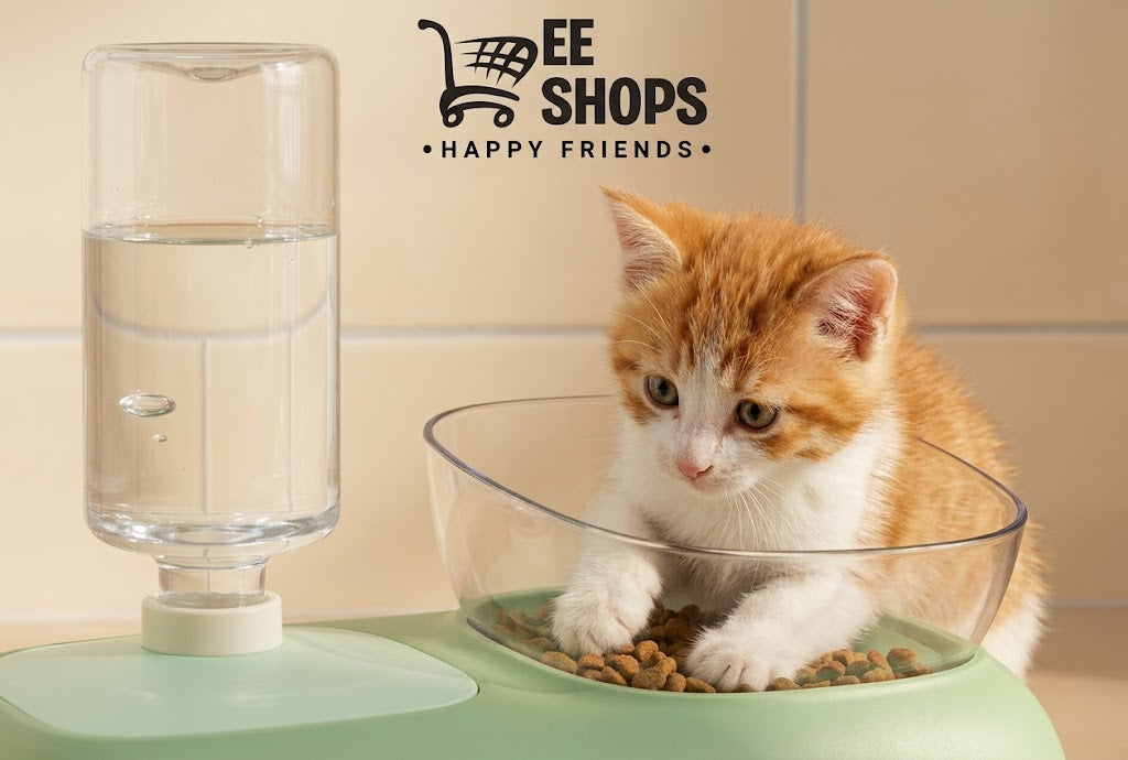 Comedero y bebedero automático para gatos y perros - Eeshops. Gatito comiendo de un plato verde con dispensador de agua.