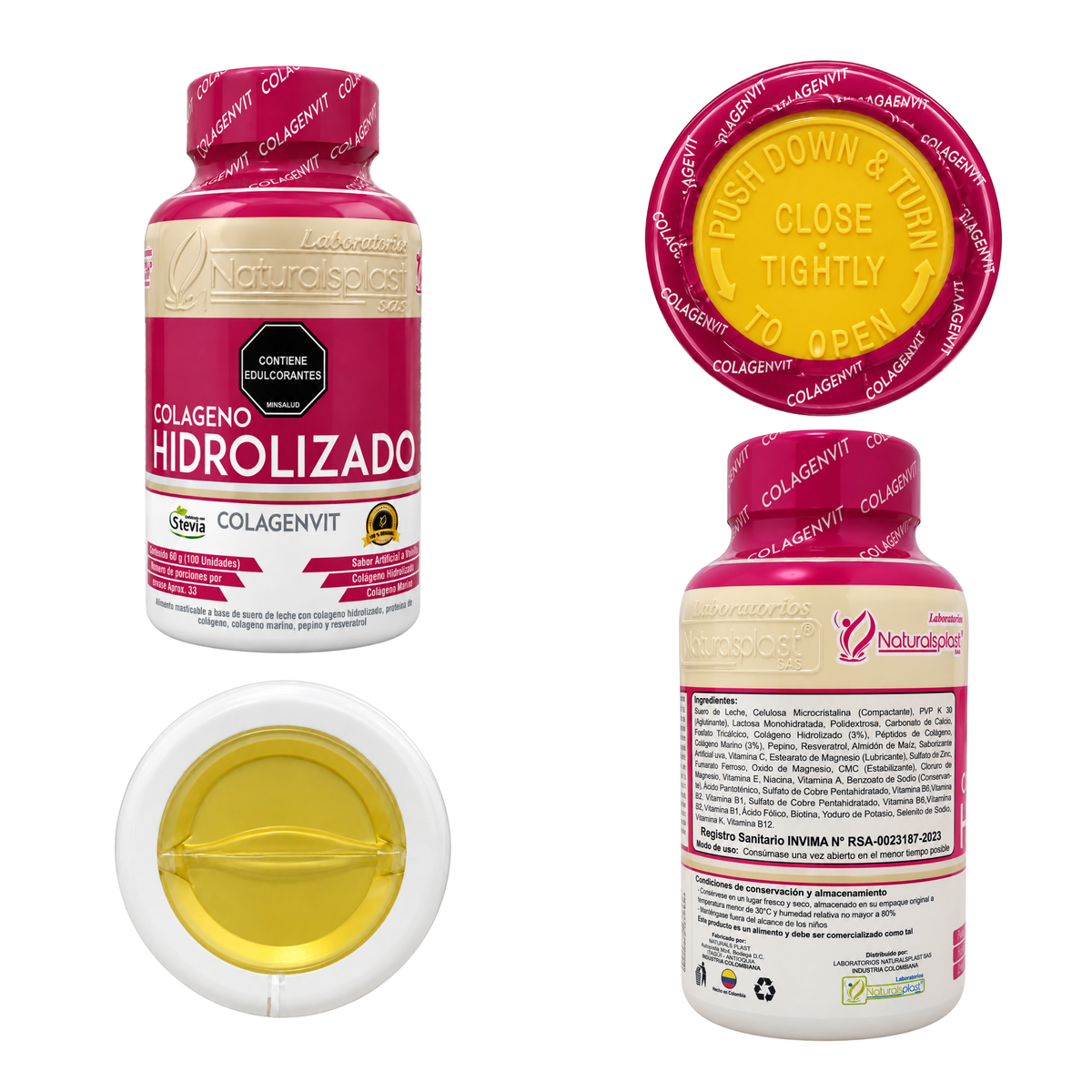 Frasco de Colágeno Hidrolizado COLAGENVIT x100 tabletas de Naturalsplast, con ingredientes naturales.
