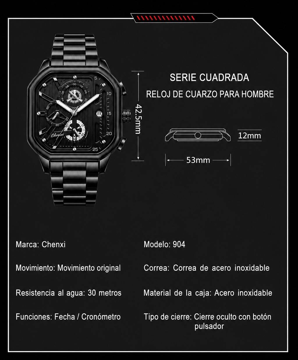 Reloj Chenxi 904 para Hombre – Cronógrafo de Acero Inoxidable con Calendario y Resistencia al Agua Cuarzo japonés