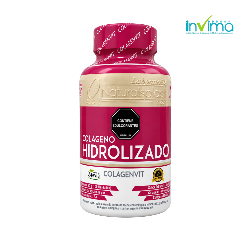 Frasco de Colágeno Hidrolizado COLAGENVIT x100 tabletas de Naturalsplast, con ingredientes naturales.