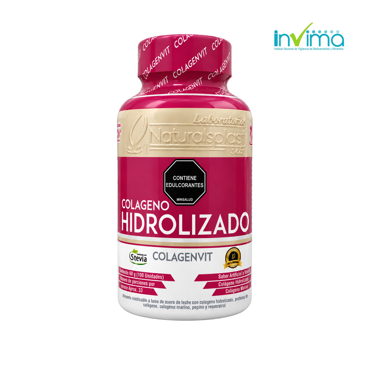 Frasco de Colágeno Hidrolizado COLAGENVIT x100 tabletas de Naturalsplast, con ingredientes naturales.