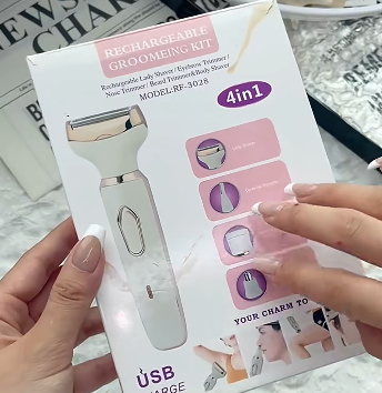 Kit de Depilación y Perfilado Femenino 4 en 1 – Recargable USB, Sin Dolor, para Cuerpo, Cejas, Nariz y Rostro